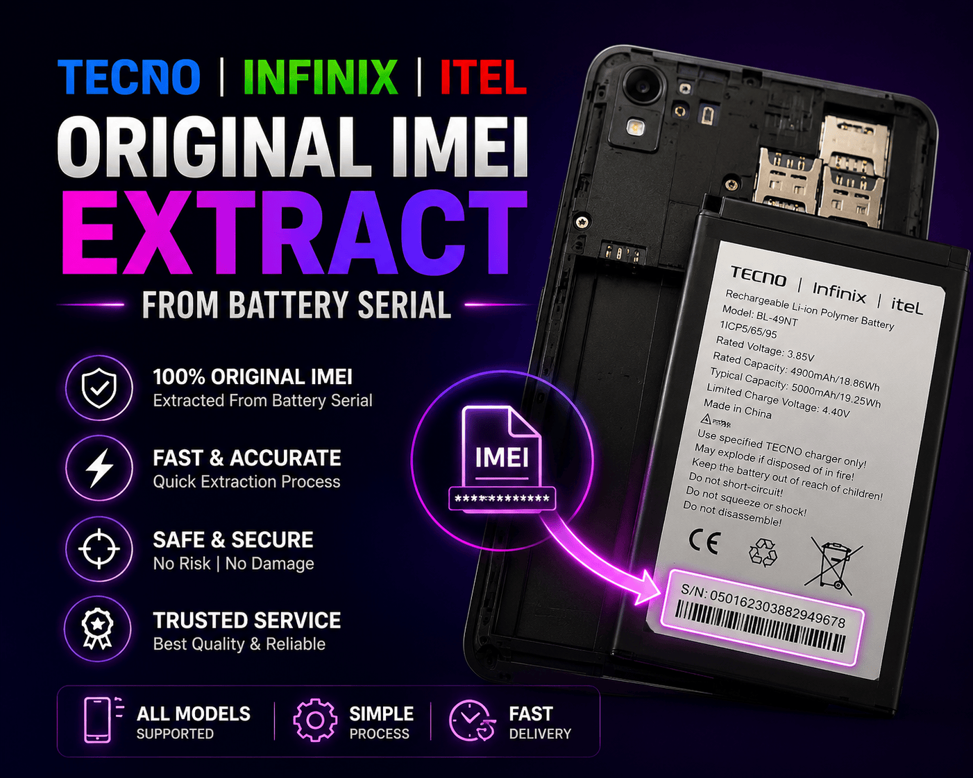 TECNO | INFINIX | ITEL [ Original IMEI Extract From Battery Serial ] Service For Bypassed Or Rejected Devices - instant Api✅️